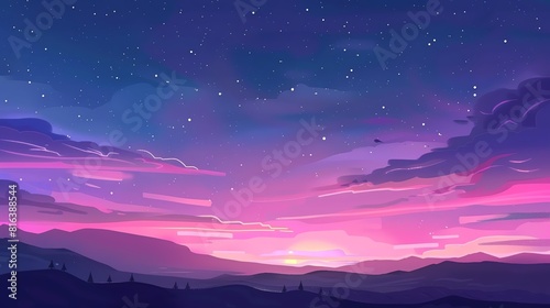 Twilight sky flat design top view, serene evening theme, cartoon drawing, Complementary Color Scheme © Pniuntg