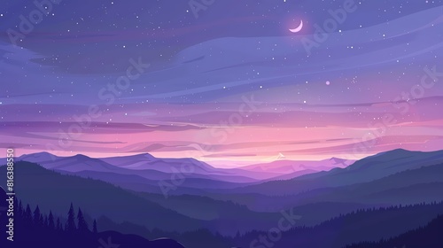 Twilight sky flat design top view, serene evening theme, cartoon drawing, Complementary Color Scheme