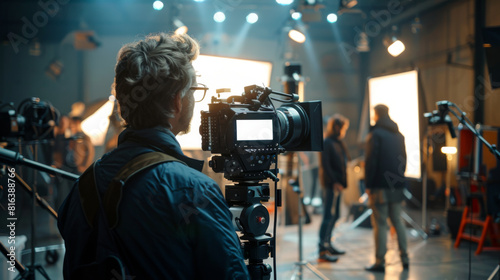 A professional cameraman captures scenes on a bustling film set, surrounded by crew and equipment. photo