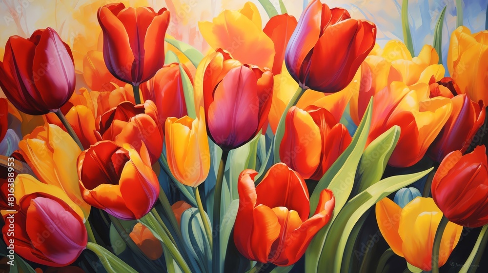 Red and yellow tulips in watercolor painting.