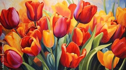 Red and yellow tulips in watercolor painting. #816388953