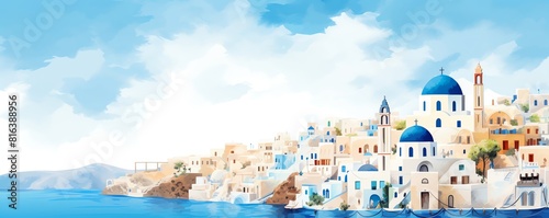 Santorini, Greece. Traditional whitewashed buildings with blue domed churches on a sunny day with a bright blue sea. © narak0rn