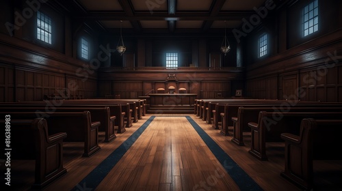 The image shows a large, empty courtroom with wooden benches and a judge's bench at the front. photo
