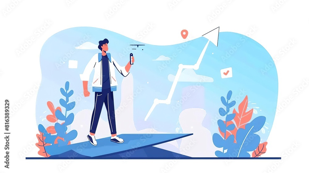 A man in a white jacket and blue pants walks on a paper plane A man in a white jacket and blue pants walks on a paper plane