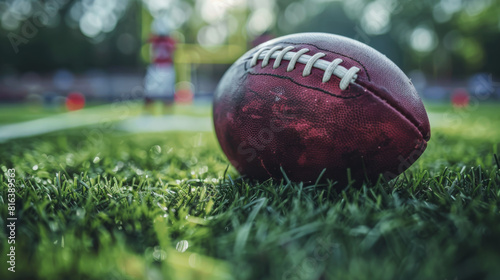 Weathered football on a lush green grass field with focus on texture and detail, emphasizing the sport's essence.