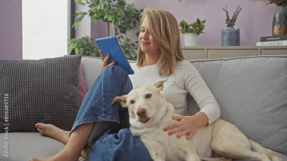 A young woman affectionately embraces her dog while holding a tablet in a cozy living room.