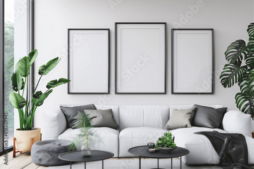 Mock Up three black Poster Frame on the wall in minimalist interior living room with white couch  tropical flower in pot  luxury interior  3d interior illustration.