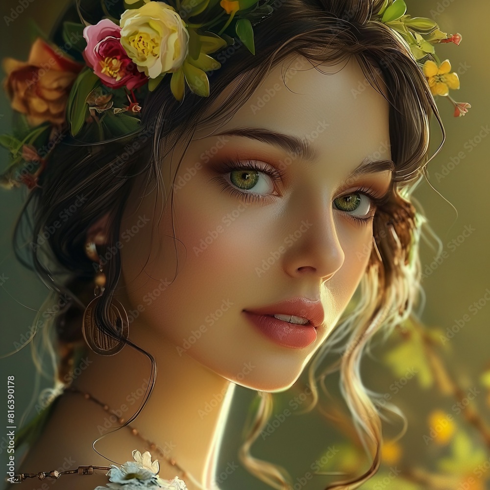 Una sonriente chica con un elegante tocado de flores en la cabeza Una sonriente chica con un elegante tocado de flores en la cabeza