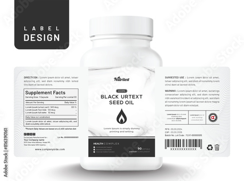 Food supplement multi vitamin label oil sticker creative design dietary modern bottle jar box packaging.