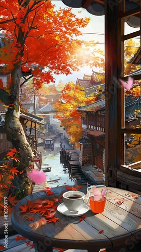 a cup of coffee and a glass of orange juice on the table, with a Japanese-themed autumn view. Wallpaper live. vertical seamless looping 4k animation video