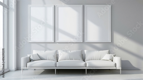 Mock Up three white Poster Frame on the wall in minimalist interior living room with white couch, luxury interior, 3d interior illustration.
