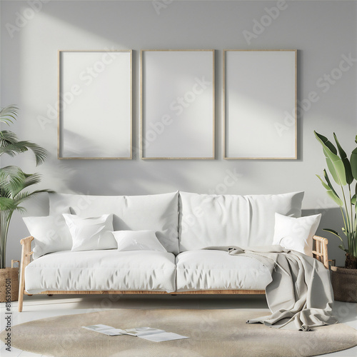 Mock Up three Poster Frame on the wall in minimalist interior living room with white couch, luxury interior, 3d interior illustration.