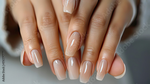 Closeup to woman hands with elegant neutral colors manicure. Beautiful natural looking gel polish manicure on square nails