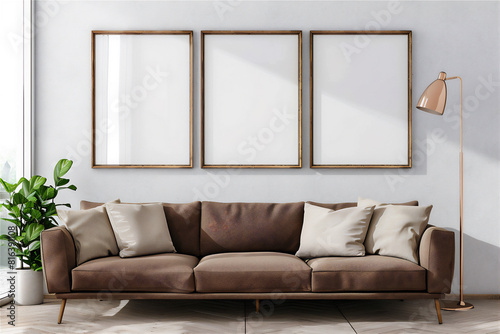 Mock Up three Poster Frames on the wall in minimalist interior living room with brown couch, luxury interior, 3d interior illustration.
