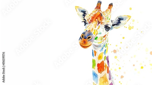 A whimsical watercolor giraffe  its long neck adorned with colorful spots  set against a clean white backdrop