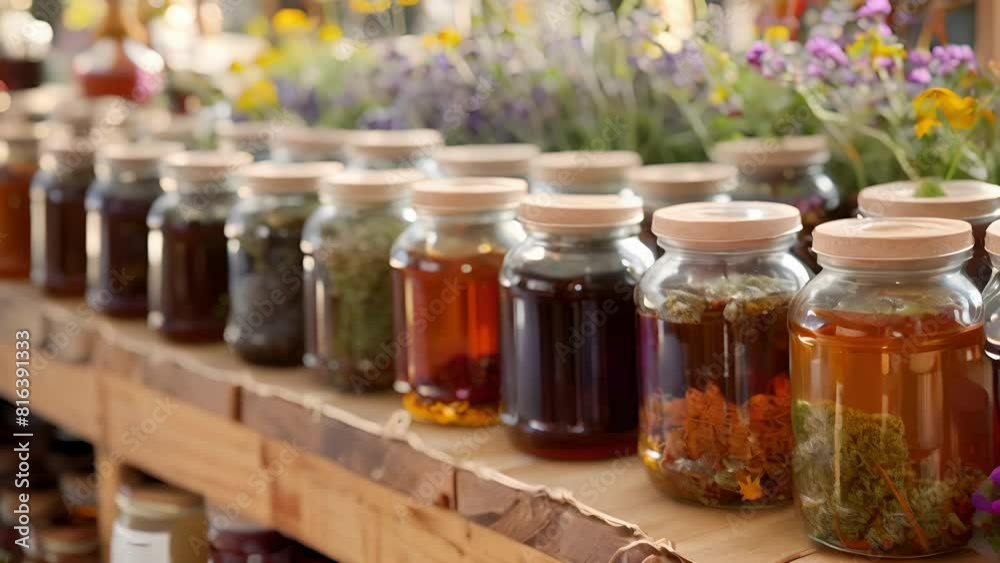 A table covered in jars of homemade herbal syrups each one made with a unique combination of herbs and sweetened with honey. A table covered in jars of homemade herbal syrups each one made with a unique combination of herbs and sweetened with honey.