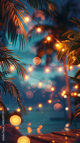 Close-up of pine tree branches with twinkling lights in the background
