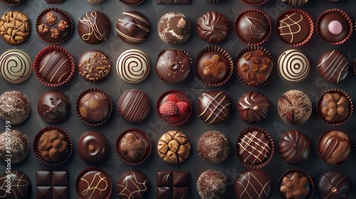 Colorful chocolate praline collection on a dark background, in a closeup. A background of various chocolates in a box, in a top view.