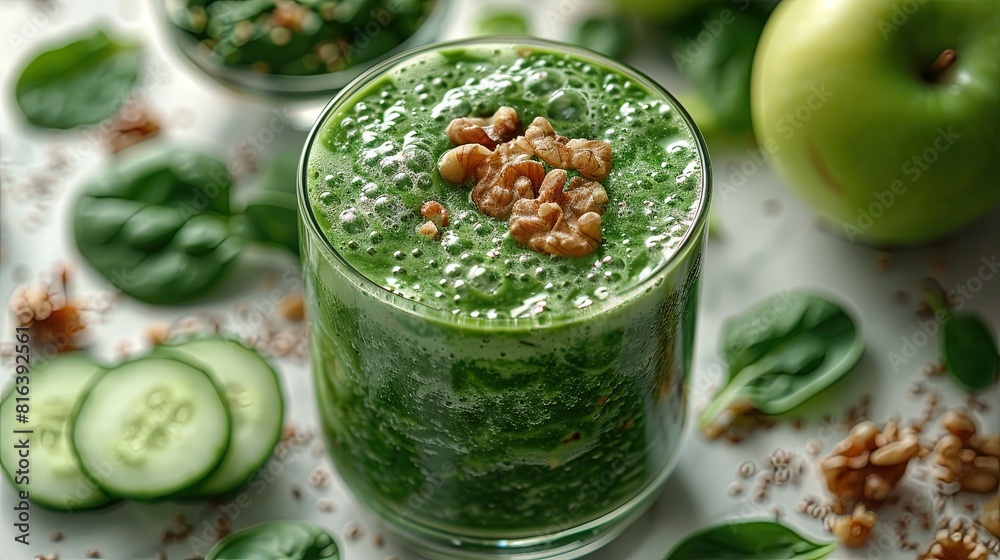 A refreshing smoothie of spinach, apples, cucumbers and walnuts against a clean white background. Generative AI A refreshing smoothie of spinach, apples, cucumbers and walnuts against a clean white background. Generative AI