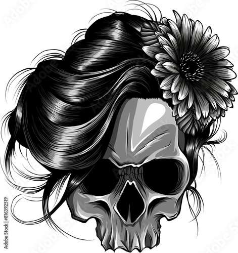 monochrome woman Skull Flowers Illustration on white background photo