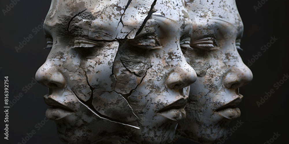Visual Paradox ThreeDimensional Wavy Line Art on 3 Sculpted Faces with dark background Visual Paradox ThreeDimensional Wavy Line Art on 3 Sculpted Faces with dark background