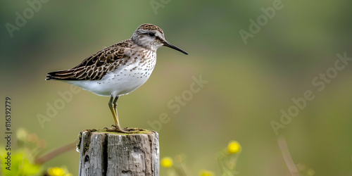 a thouftful Sparrow Perched on Wooden Log Pole amid Nature's Beauty  with blurred background