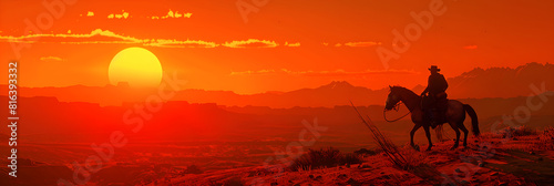 Solitary silhouette of a Cowboy on a Horseback at Sunset - the Spirit of the Western Frontier