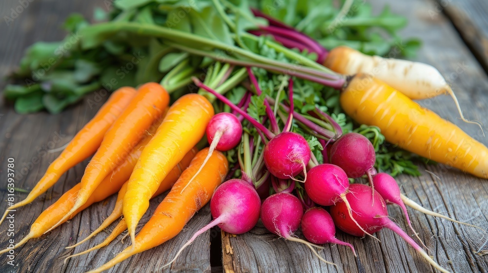 Freshly harvested organic red radishes and carrots in vibrant yellow purple and orange hues presented on a rural wooden picnic table