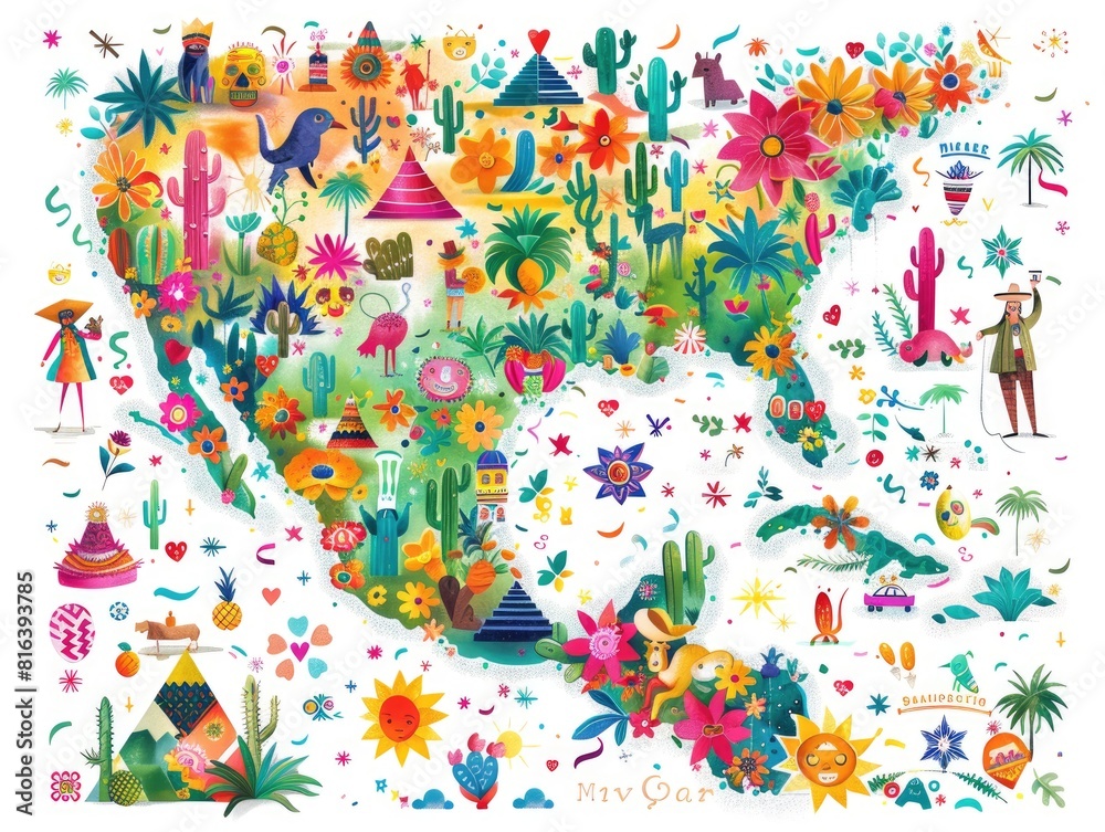 Fototapeta premium Illustrations depicting grapes, corn, cacti, and maps, Mexican specialties