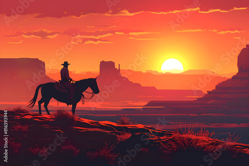 Solitary silhouette of a Cowboy on a Horseback at Sunset - the Spirit of the Western Frontier