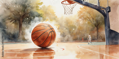 basketball hoop and ball.  watercolor art