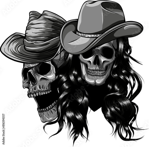 vector illustration of couple Skulls cowboy monochrome on white background