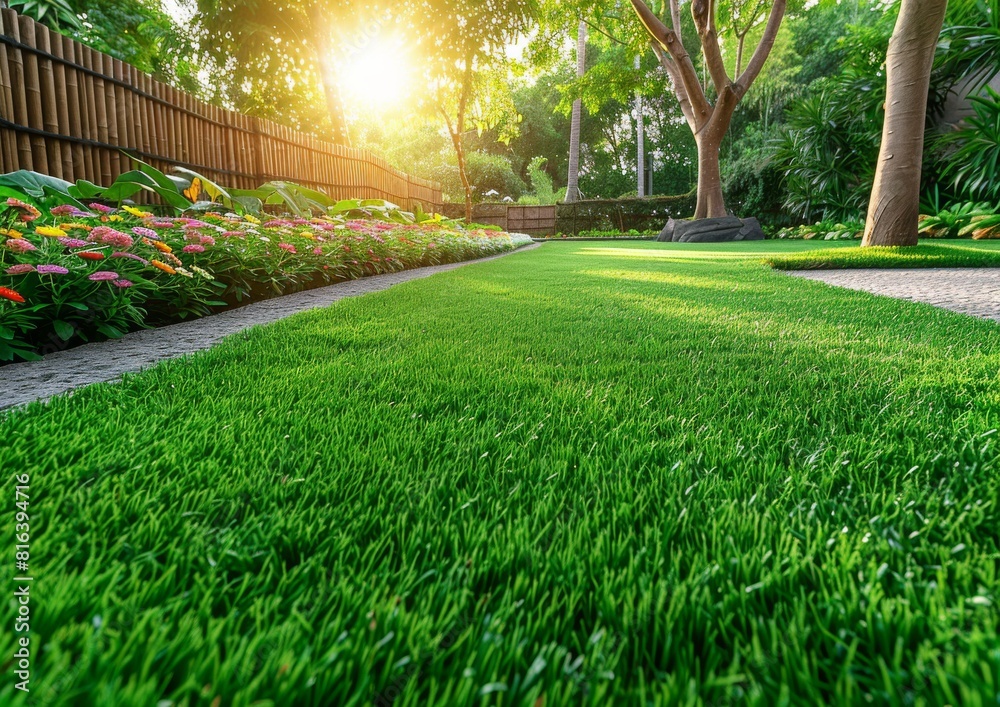 Obraz premium Beautifully Landscaped Backyard with Lush Green Grass, Colorful Flowers, and Trees at Sunset - Perfect Outdoor Garden Setting