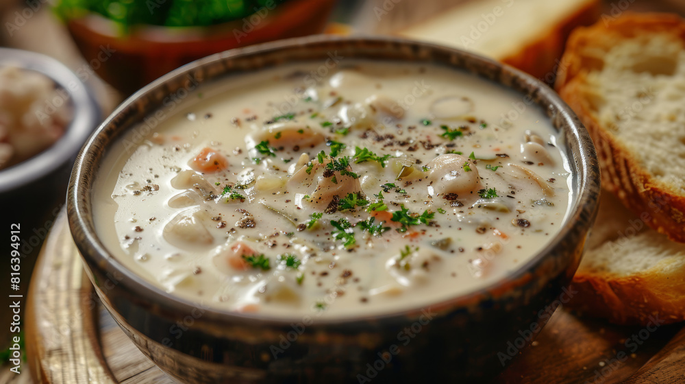 Creamy Seafood Chowder with Bread on Wooden Board