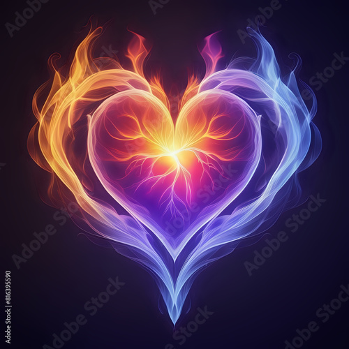 ethereal  artistic image of a glowing heart filled with three colorful flames - generated by ai