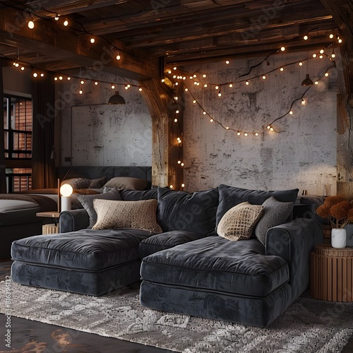 Warmth and Style A Cozy Loft Bedroom Featuring Deep Charcoal Gray Velvet Sectional and Industrial photo