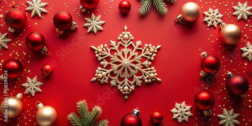 Christmas and new year background concept. Top view of Christmas decoration made from snowflake