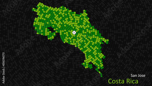 A map of Costa Rica is presented as a mosaic with a dark background  and the country s borders are outlined in the shape of a colorful mosaic  centered around the capital city.