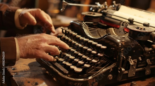 A man is sitting at a typewriter, his hands poised over the keys photo