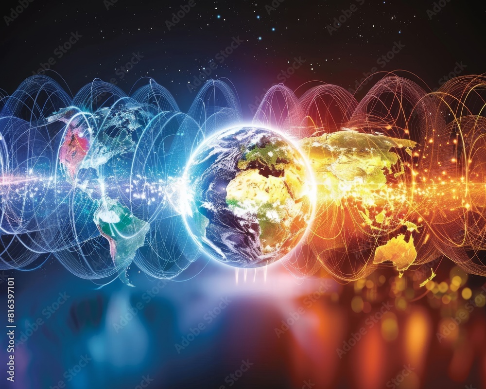 Vibrant Digital World with Energy Waves Surrounding Earth Symbolizing Global Connectivity, Technology, and Environmental Interactions Vibrant Digital World with Energy Waves Surrounding Earth Symbolizing Global Connectivity, Technology, and Environmental Interactions