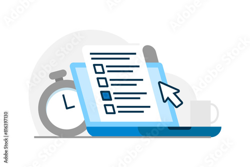 online exams and assessments with timer on laptop screen concept illustration flat design. simple modern graphic element for landing page ui, infographic, icon