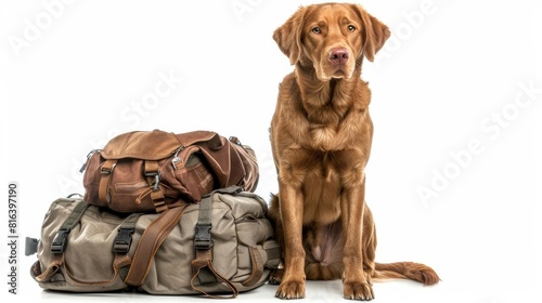 A Chesapeake Bay Retriever sitting next to a stack of hunting gear  looking ready for adventure  isolated on a white background
