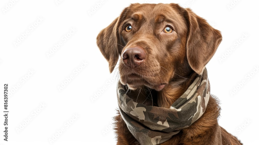 A Chesapeake Bay Retriever with a camouflage bandana, sitting alert, isolated on a white background A Chesapeake Bay Retriever with a camouflage bandana, sitting alert, isolated on a white background