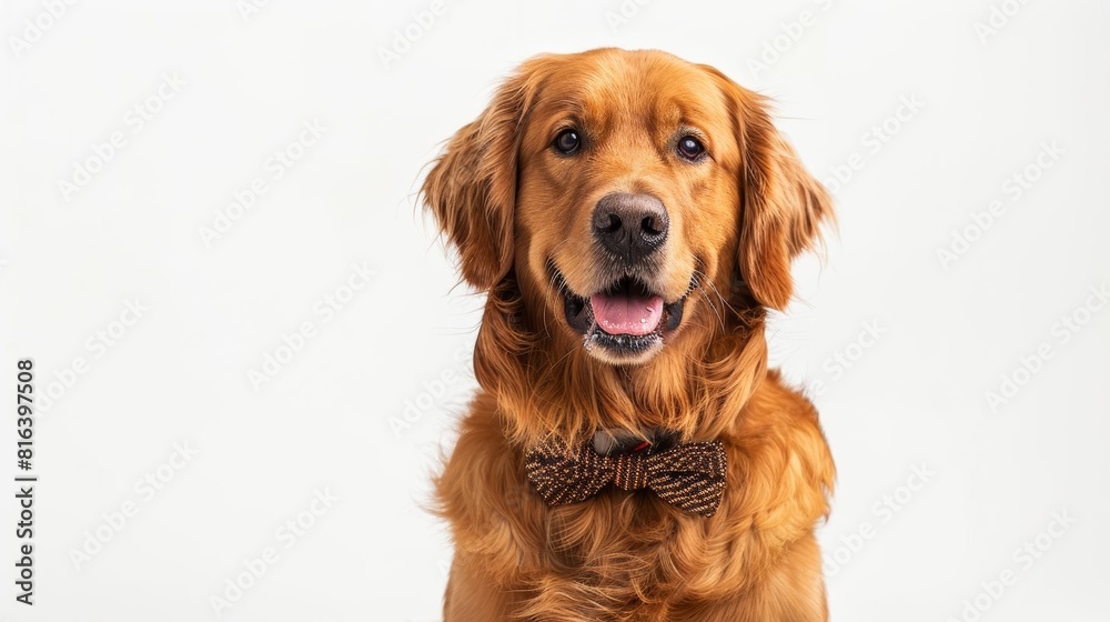 A Golden Retriever with a bow tie, sitting upright and looking sophisticated, isolated on a white background A Golden Retriever with a bow tie, sitting upright and looking sophisticated, isolated on a white background