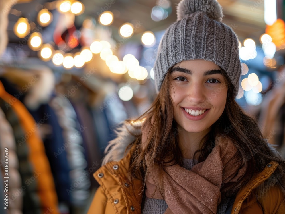 Young women choose winter clothing in clothing stores Young women choose winter clothing in clothing stores