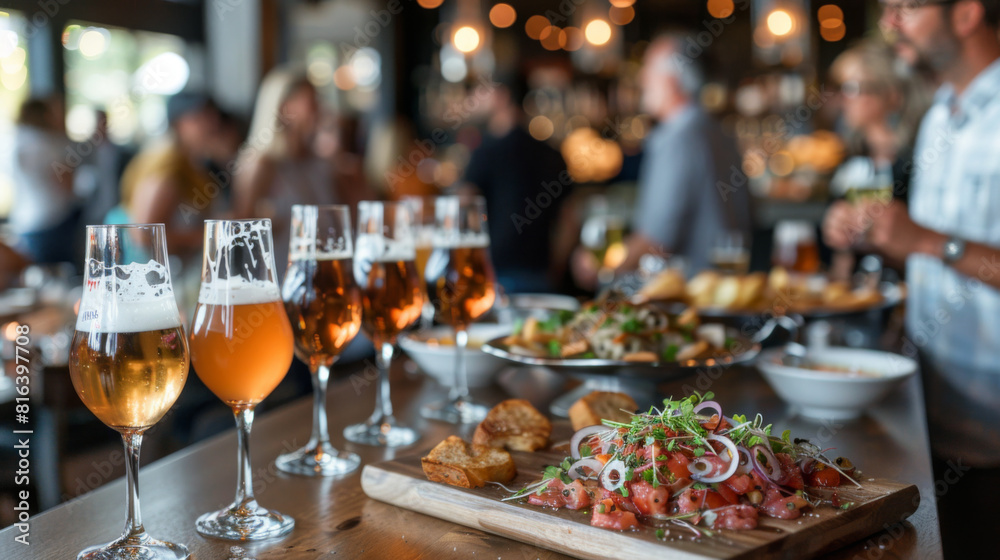 A bustling pub scene with patrons enjoying craft beers and freshly prepared delicacies on a wooden table.