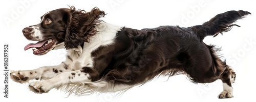 An English Springer Spaniel in a hunting pose, looking focused and ready, isolated on a white background