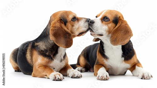 Two Beagles sitting together, one whispering into the others ear, isolated on a white background
