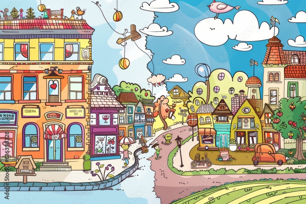 artoon cute doodles of a busy city street bustling with activity contrasted with a peaceful countryside scene, showcasing urban versus rural life, Generative AI