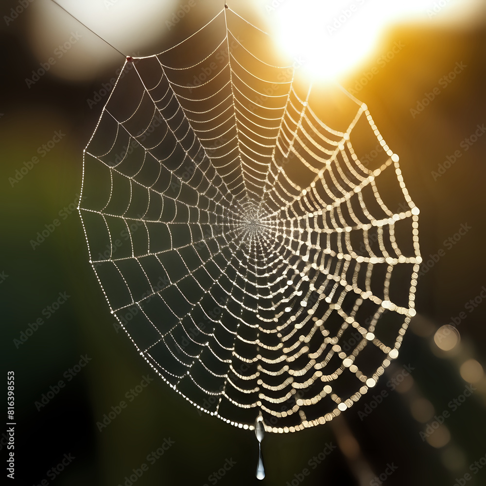 Naklejka premium Macro of dewdrops on a spiderweb, with morning sunlight creating rainbows - generated by ai